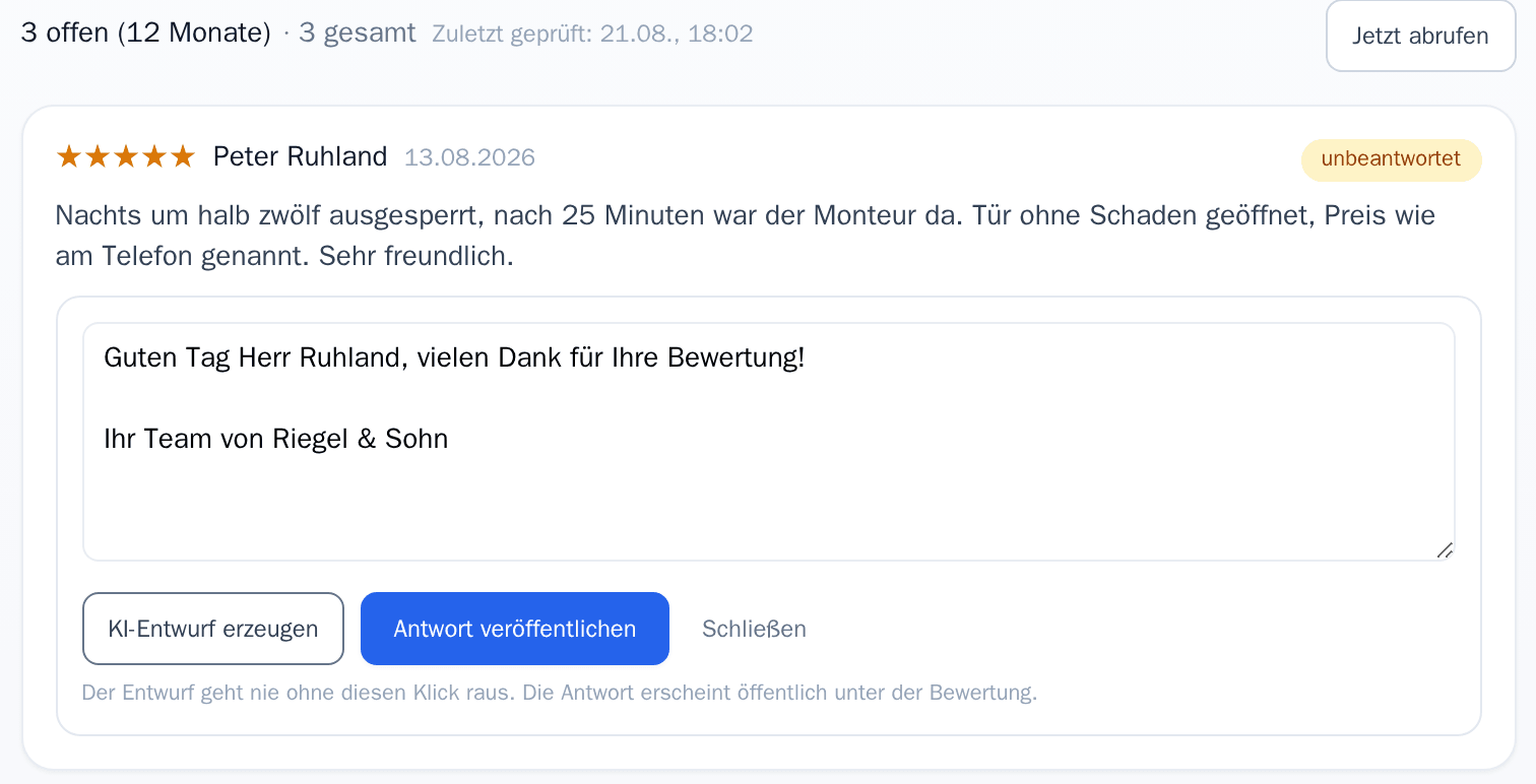 Bewertungen mit Antwortentwurf – Offene zuerst, Entwurf daneben